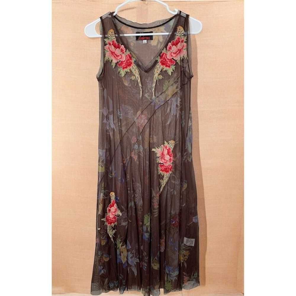 Johnny Was Biya Embroidered Mesh Floral Bird Sleeveless Midi Dress Small Boho